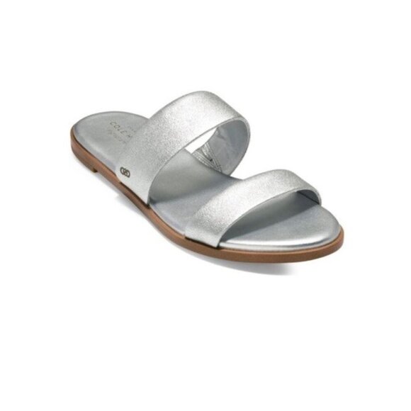 Cole Haan Findra Metallic Leather double-strap flat sandals silver 9.5 comfy - Picture 3 of 10